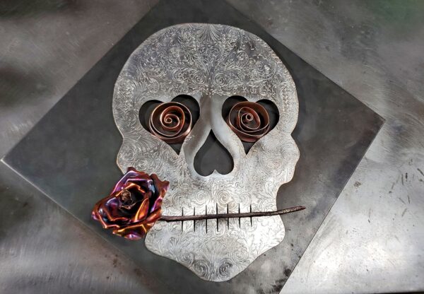 Silver-Plated Copper Brass Sugar Skull 1625 Vintage Upcycled Wall Art Flame