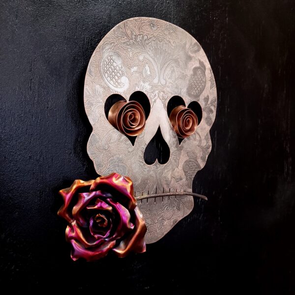 Silver-Plated Copper Brass Sugar Skull 1625 Vintage Upcycled Wall Art Flame