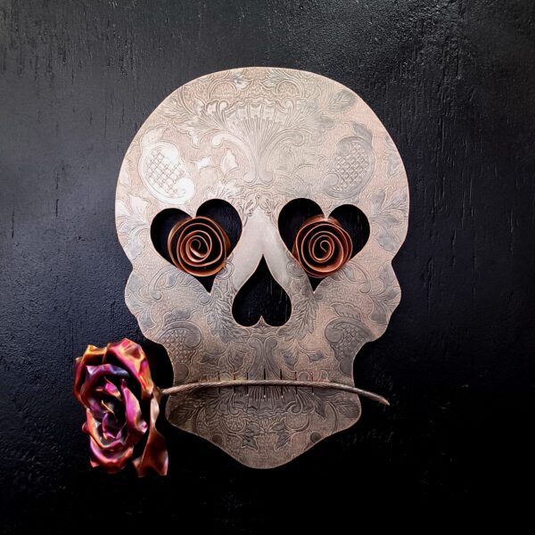 Silver-Plated Copper Brass Sugar Skull 1625 Vintage Upcycled Wall Art Flame