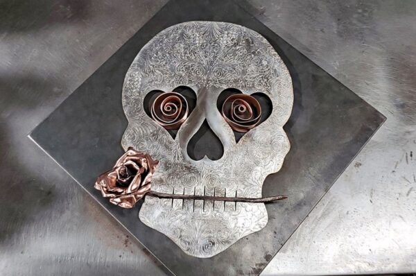 Silver-Plated Copper Brass Sugar Skull 1625 Vintage Upcycled Wall Art Bright