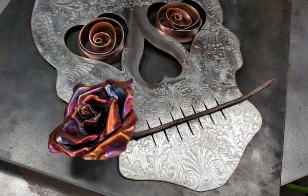 Silver-Plated Copper Brass Sugar Skull 1625 Vintage Upcycled Wall Art Flame