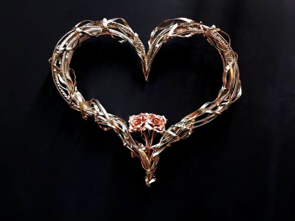 Passion of Love Double Copper Rose Silver-Plated Heart Wall Art Sculpture Bright