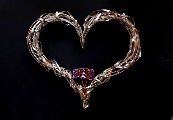 Passion of Love Double Copper Rose Silver-Plated Heart Wall Art Sculpture Blue Flame