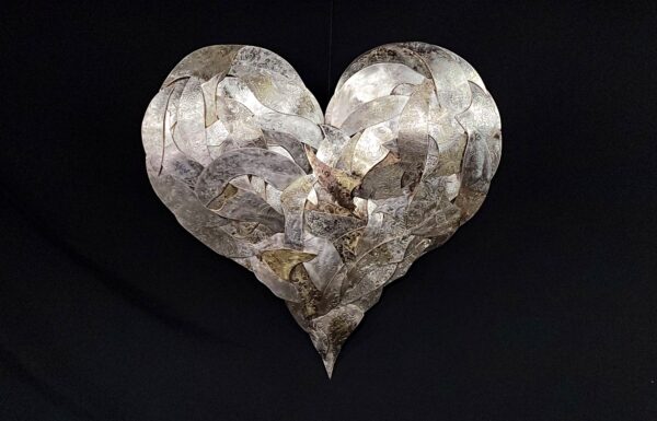 Silver-Plated Copper Brass Heart Vintage Upcycled Layered Patchwork Large Wall Art