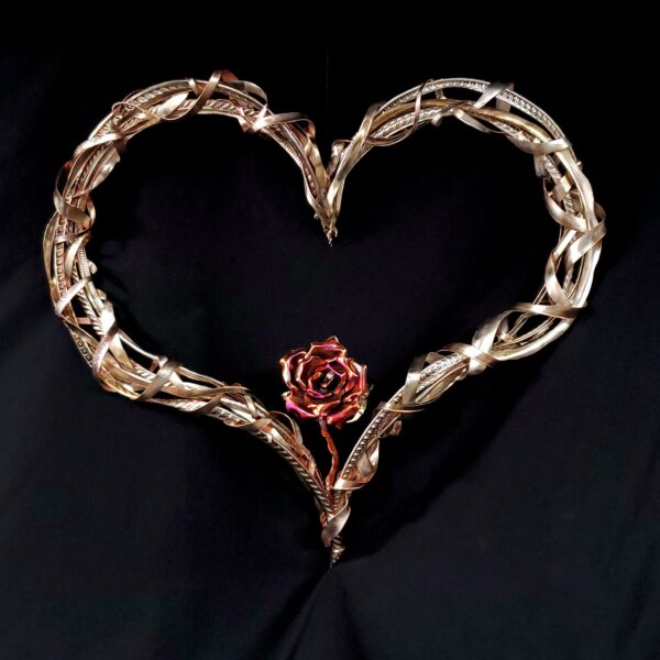 Passion of Love Single Copper Rose Silver-Plated Silver Heart Wall Art Sculpture