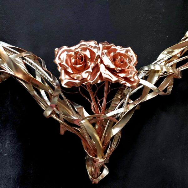 Passion of Love Double Copper Rose Silver-Plated Heart Wall Art Sculpture Bright