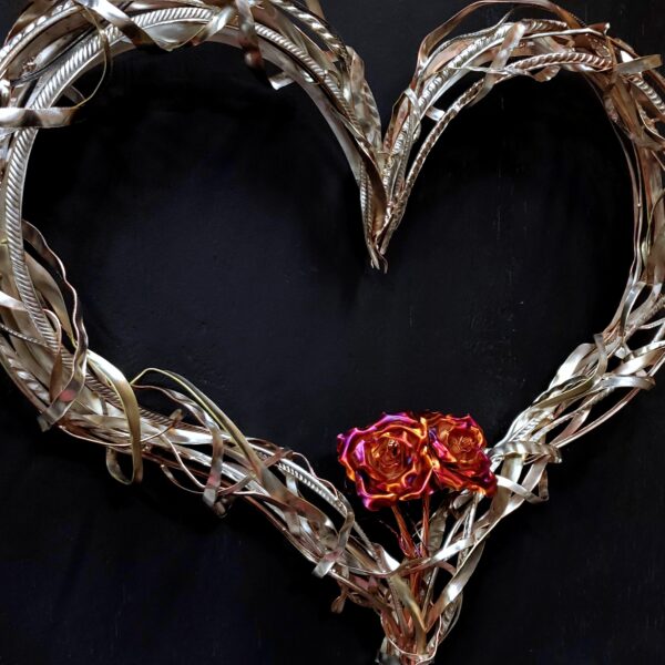 Passion of Love Double Copper Rose Silver-Plated Heart Wall Art Sculpture Flame