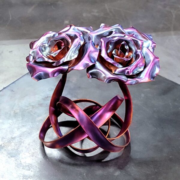 Tie the Knot Copper Ribbon Rose Sculpture Blue Flame