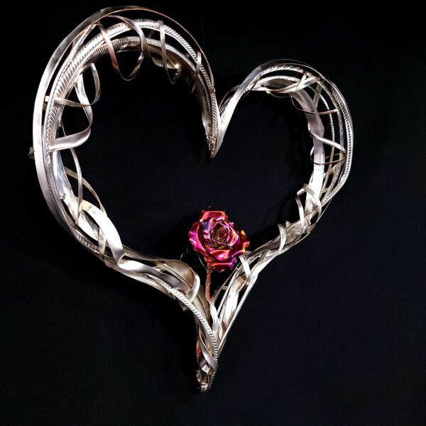 Passion of Love Single Copper Rose Silver-Plated Silver Heart Wall Art Sculpture