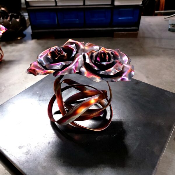 Tie the Knot Copper Ribbon Rose Sculpture Dark Flame