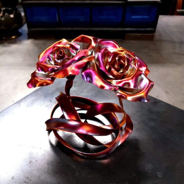 Tie the Knot Copper Ribbon Rose Sculpture Flame