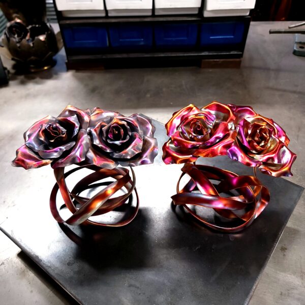 Tie the Knot Copper Ribbon Rose Sculpture Flame and Dark Flame Comparison