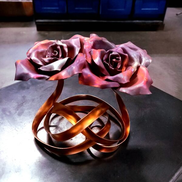 Tie the Knot Copper Ribbon Rose Sculpture Matte Flame