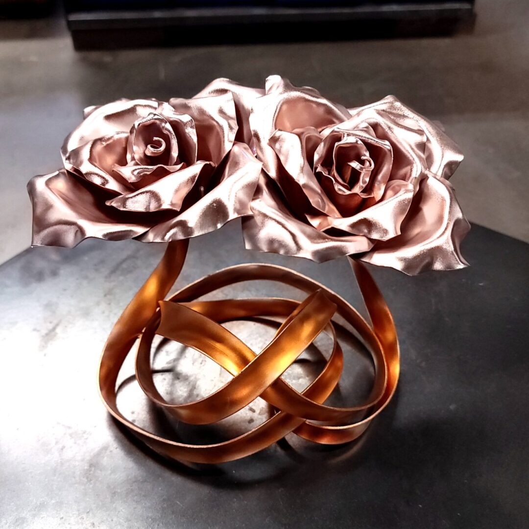 Tie the Knot Copper Ribbon Rose Sculpture Custom Bright