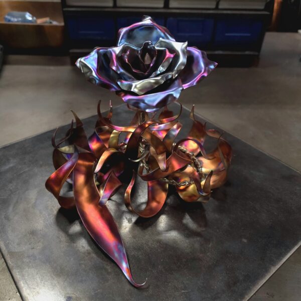 True Love Copper Rose Sculpture Blue Flame