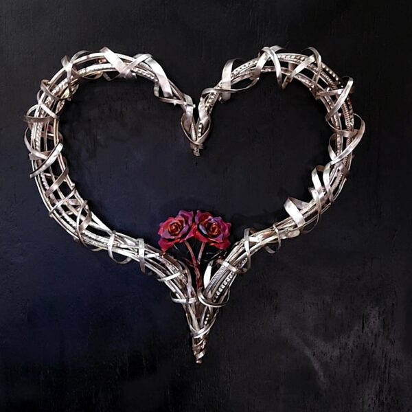 Passion of Love Double Copper Rose Silver-Plated Heart Wall Art Sculpture Matte Flame