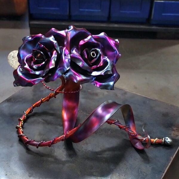 Us Heart Copper Rose Sculpture Blue Flame