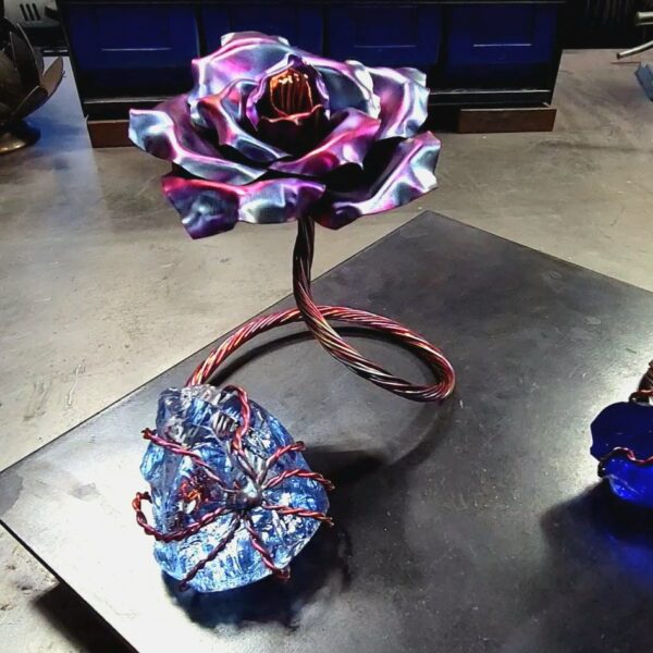 Infinity Copper Rose Glass Crystal Sculpture Blue Flame