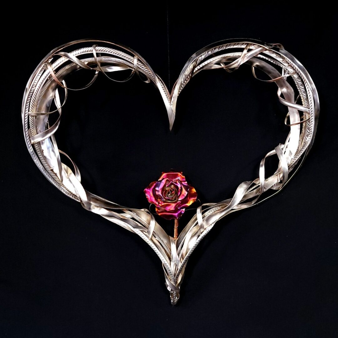 Passion of Love Single Copper Rose Silver-Plated Silver Heart Wall Art Sculpture