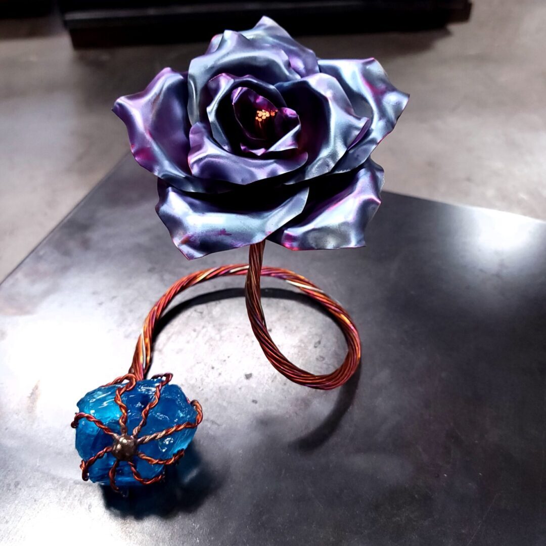 Infinity Copper Rose Glass Crystal Sculpture Blue Flame