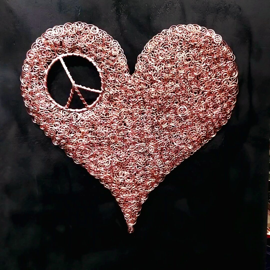 Copper Wire Peace Sign Coil Heart Wall Art Sculpture Bright