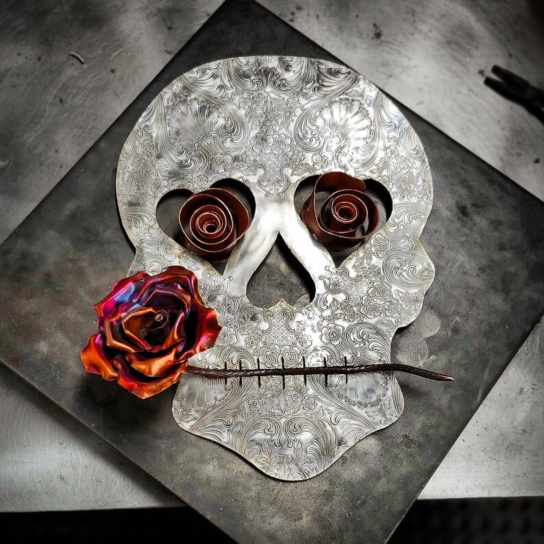 Silver-Plated Copper Brass Sugar Skull 1625 Vintage Upcycled Wall Art Flame